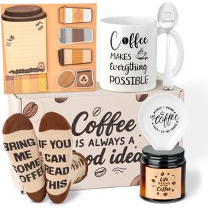 Ithmahco Coffee Lover Gifts for Women Men - Includes Mug Spoon Rest Holder Candle Socks Sticky Notes Set, Coffee Gift Basket for Birthday Mothers Day Galentines Valentines Day Christmas Gift Ideas