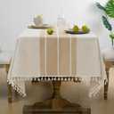 Softalker Linen Tablecloth Rectangle, Outdoor Waterproof Burlap Cotton Farmhouse Table Cloths with Tassel, Heavy Weight Wrinkle Free Table Cover for Spring Easter Picnic - 55 x 70 Inch, Coffee Lines