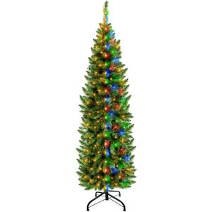 5 Ft Prelit Pencil Artificial Christmas Tree with Timer 180 LED Warm White & Colorful Change Lights 8 Modes Plug in 550 Branch Tips Metal Stand Slim Tree Xmas Decor Indoor Outdoor