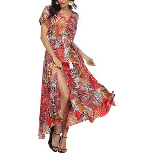 VintageClothing Women Floral Maxi Dresses Boho Button Up Summer Dress (Red, L)