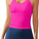 ATTRACO Women Ribbed Workout Crop Tops with Built in Bra Yoga Racerback Tank Top Tight Fit (8, Hot Pink)