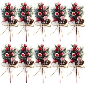 Artificial Red Berry Stems Pine Branches with Twine Bow,Christmas Pine Picks Fake Red Berry Wreath Picks, Christmas Trees Decoration Bouquets Garland Wreath Arrangements for Holiday Decor(20 Pack/red)