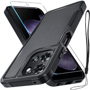 for Moto G 5G 2025 Case, Full Body Heavy Duty Rugged Shockproof Protective Phone Cover with Lanyard Strap, Tempered Glass Screen Protector, Black Matte