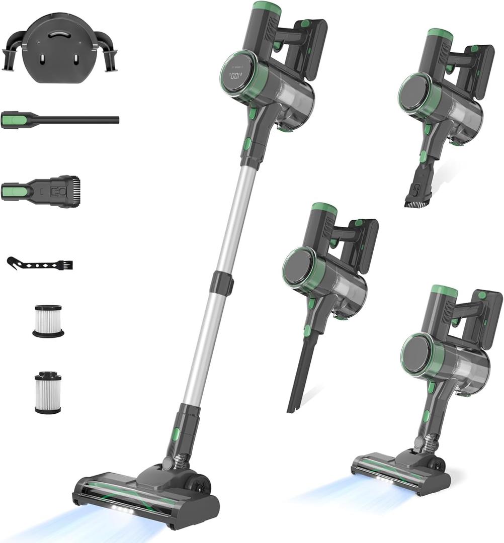 Cordless Vacuum Cleaner, 45Kpa Powerful Stick Vacuum with HEPA Filter,45Mins Rechargeable Battery, Anti-Tangle V-Roller, Lightweight Handheld for Hardwood Floor, Carpet, Pet Hair, Home and RV Cleaning