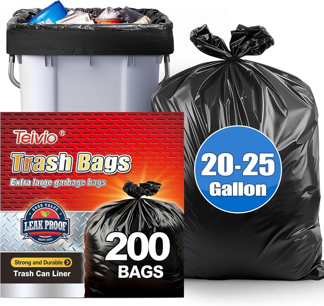 Teivio Black Trash Bags 20-25 Gallon 200 Count | Large Multipurpose | Fit 15,16,18,20,21,23,25 gallon Garbage Bin Liner | Kitchen | Lawn And Leaf Bags Outdoor Yard Waste Bag | Workshops Trash
