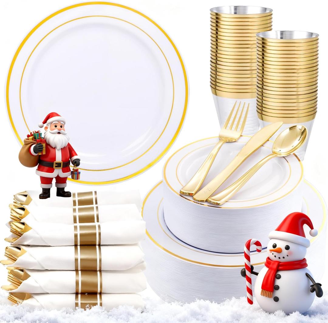 350Piece Gold Dinnerware Set for 50 Guests - Gold Plastic Plates with Disposable Cutlery Include:50Dinner Plates-50Dessert Plates-50Pre Rolled Napkins with Silverware for Christmas (White and Gold)