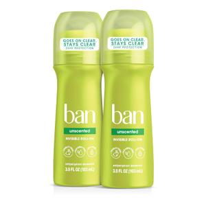 Ban Invisible Roll-on Antiperspirant Deodorant for Women and Men, 24-hour Underarm Odor & Sweat Protection, Unscented, 3.5 Oz, Pack of 2