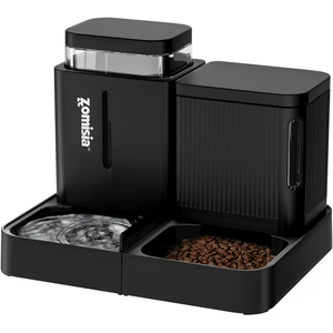 Automatic Cat Feeder and Water Dispenser Set, 2 in 1 Gravity Cat Food Dispenser with 180 Degree Rotatable, Pet Self Feeding Large Capacity for Small Dogs Puppy Kitten, Black, 0.8 Gallon x 2