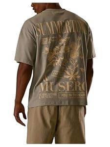 VIPWOLF Men's Casual Short Sleeve T Shirts Crew Neck Y2K Floral Letter Print Graphic Tees Streetwear Olive Green, Large