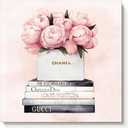 cozy country Chanel-Inspired Canvas Wall Art - 12x12 Inches Luxury Fashion Artwork Print, Featuring Perfume, Books & Flowers, Perfect for Bathroom & Women's Room Decor