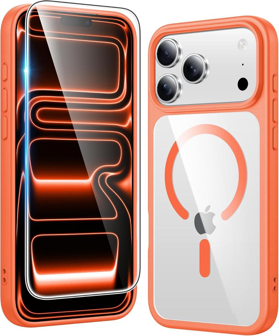FNTCASE for iPhone 17 Pro-Max Case: Clear Magnetic Phone Cases with Screen Protector Compatible with Magsafe Slim Anti Yellowing Rugged Shockproof Protective Transparent Cell Phone Cover (B-Orange)