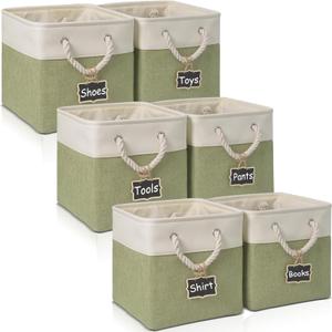 13 x 13 storage cubes[6 Pack],Cube Storage Organizer Bins with Rope Handles, Eco-Friendly Linen Collapsible Organizers for Closet, Nursery, Toys, Office, Bathroom  Dual Color Design.(White&Green)