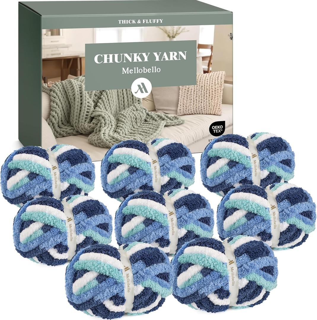 Jumbo Chunky Yarn for Hand Knitting - Super Thick Chenille Chunky Yarn for Crocheting - Extra Soft Bulky Fluffy Blanket Big Yarns 8 Jumbo Pack (27yds ,8 oz Each Skein) (Sea Breeze)