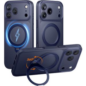 Magnetic for iPhone 17 Pro Max Case with Stash Stand, Military Grade & Full Camera Protection, Compatible with MagSafe, Anti-Slip, Translucent Matte (Blue)