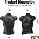 Noamus 6 Pack Male Mannequin Torso, Shapely Dress Form with Hanging Hook, T-Shirt Display Hollow Back Body, Shatterproof Rounded Waist Mold for Craft Shows, Photos Design, Clothing Sewing, Black