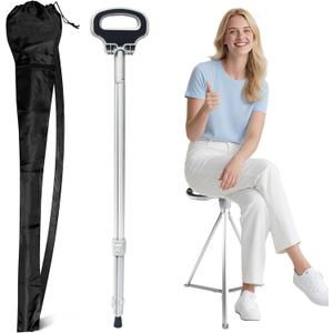 ALEVMOOM Walking Cane with Seat Folding Lightweight, 2-in-1 Cane Stool for Adults, Aluminum Walking Stick with Seat, Portable Stool for Senior, with Carry Bag , Silver 