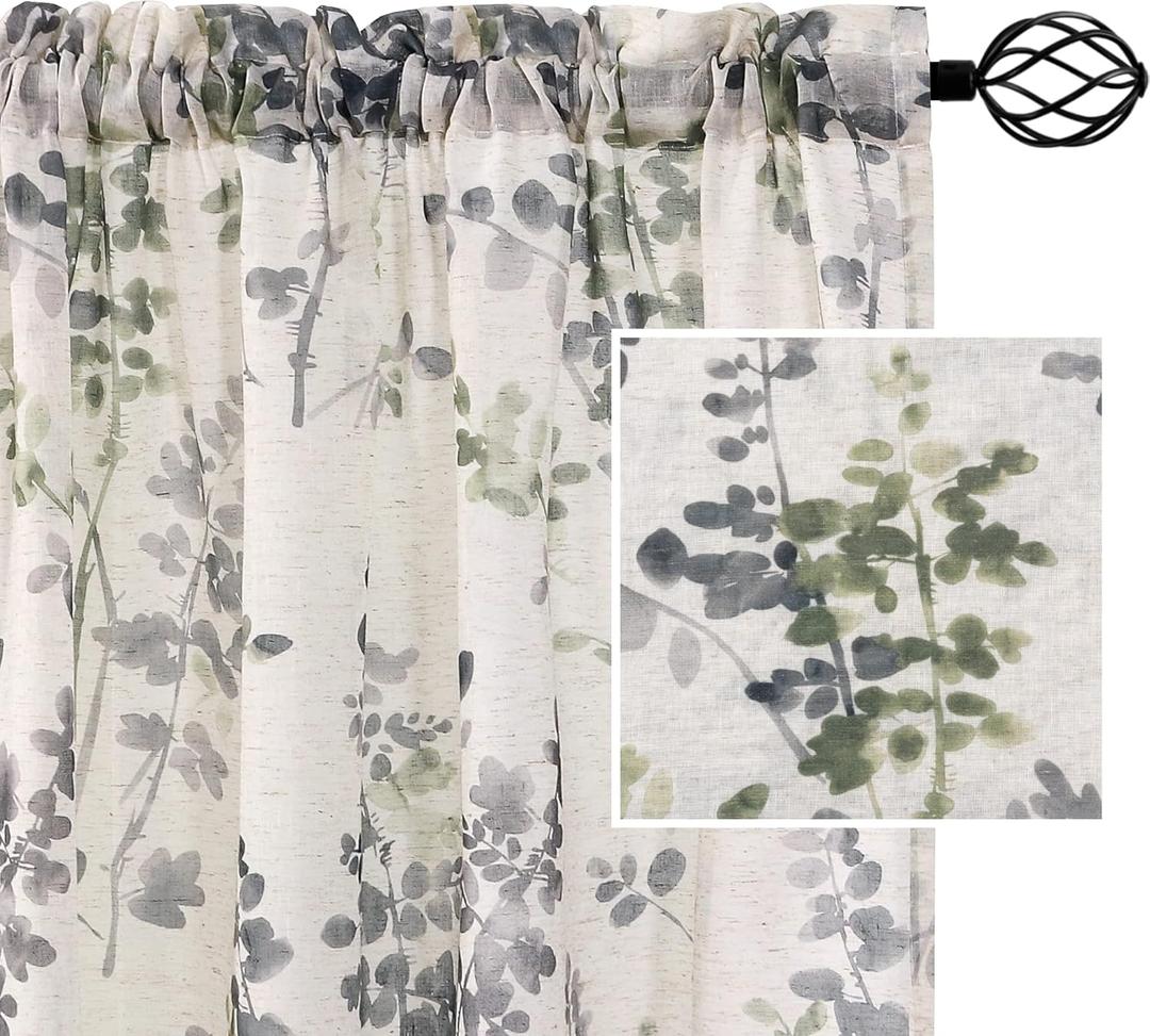 H.VERSAILTEX Linen Sheer Curtains for Living Room Curtains 63 Inches Long Light Filtering Rod Pocket Window Sheer Linen Curtains for Bedroom, 2 Panels, Classical Floral Printing Sage and Taupe