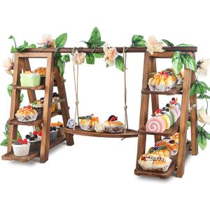 Wisreach Wooden 3 Tier Cupcake Stand with Swing and Flower Decoration Serving Removable Tray Display Serving Ladder Foldable Stand with Serving Platter Tray Party Food Display Set for Cake Snack Fruit Chips Bread Centerpieces Catering