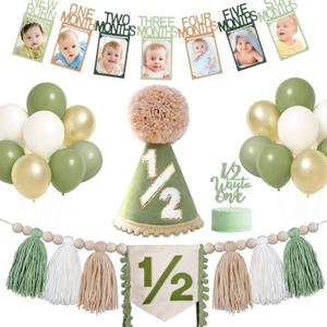 Half Birthday Decorations for Baby - Green 1/2 Birthday Hat, Half Birthday Photo Banner, Pastel Balloons, 1/2 High Chair Banner, 1/2 Way To One Cake Topper, 6 Months Party Supplies