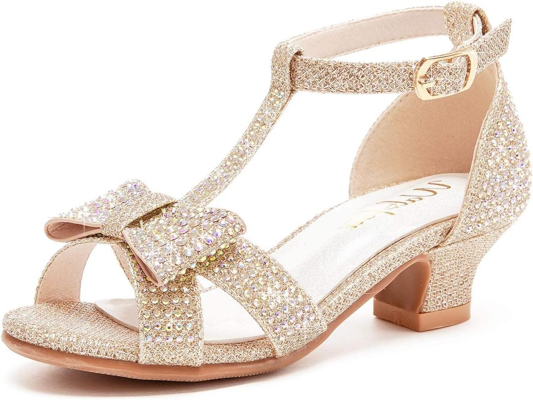 Toddler Little Kid Big Kid High Low Heel Dress up Princess Party Sandals Flower Frozen Gold Shoes Size 12（Champagne 12）