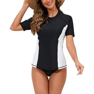 Halcurt Women's Short Sleeve Rash Guard Swimsuit Top with Built in Bra Swim Shirt UPF50+ Quick Dry Bathing Suit L