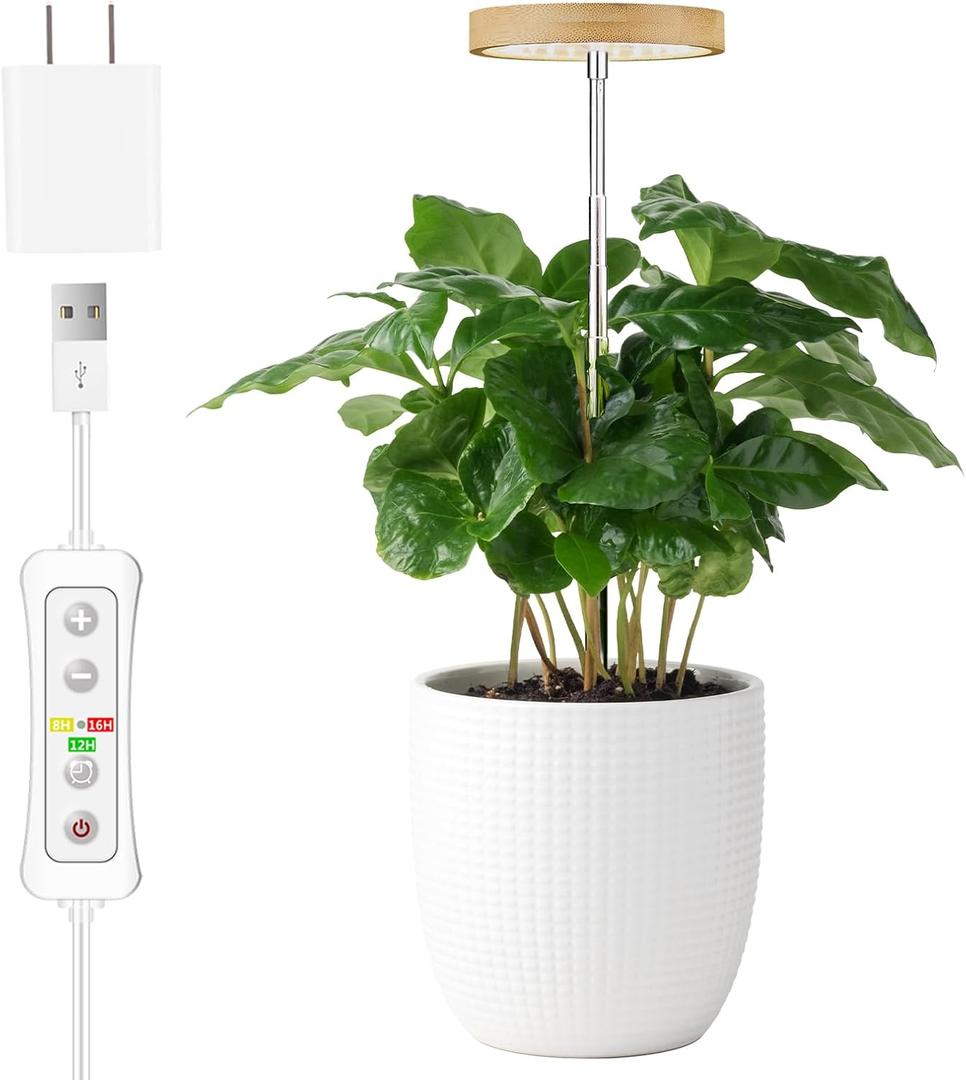 Plant Grow Light for Indoor Plant, Bamboo Mini LED Grow Light Garden, Height Adjustable, Automatic Timer with 8/12/16 Hours