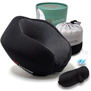 Luvcor Premium Quality Memory Foam Travel Neck Pillow Bundle - Best Ergonomic Pillow for Airplane Travel, car Ride, Sleeping. Comes with Eye mask, earplugs and Storage Bag.(Stealth Black)
