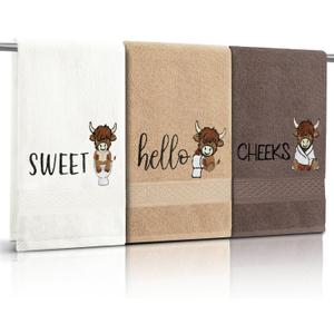 3 Pack Highland Cow Hello Sweet Cheeks Embroidered Cotton Hand Towels 13x30 Inch Rustic Farmhouse Bathroom Decor Soft Absorbent Towel Set for Kitchen Gift