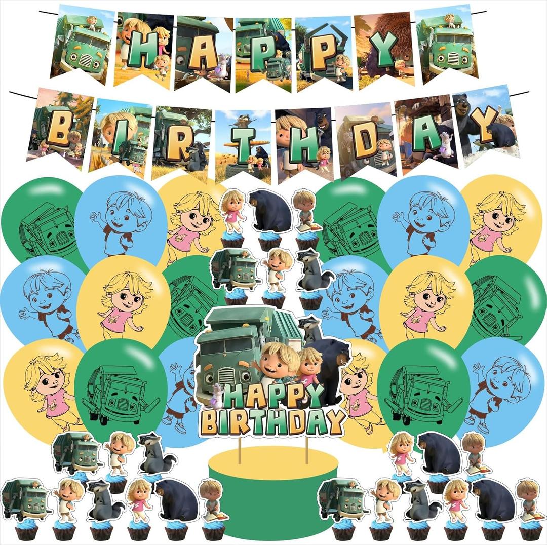 Cartoon Truck birthday party supplies, including cake topper, cupcake toppers, Banner, Latex Balloons,It is very suitable for boy's and girl Cartoon Truck Themed birthday party supplies.