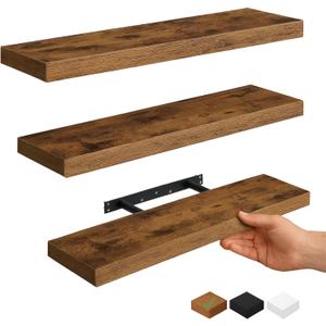 Vervida 3 Pack Rustic Brown Floating Shelves, 24" W x 7.9" D x 1.5" H, Holds Up to 38 Lbs, for Living Room, Bedroom, Bathroom, Kitchen, Office, Storage, Display, with Invisible Brackets Wall Shelves, 24x7.9