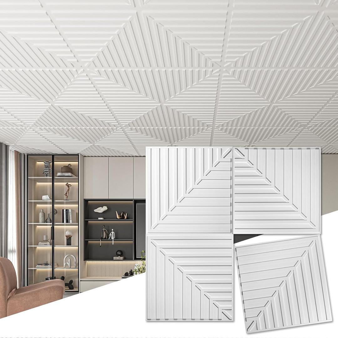 Art3d 24-Pack Drop Ceiling Tiles 2x2 FT, PVC 3D Textured Panels for Interior Wall Decor Living Room Bedroom Office, 24x24 Inch, White