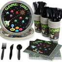 Juvale 144-Piece Retro Video Game Party Supplies - Includes Plates, Napkins, Cups, and Cutlery for Arcade Birthday Party Decorations (Serves 24)