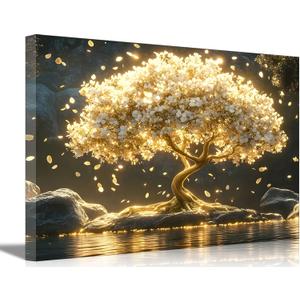 Abstract Tree Of Life Canvas Wall Art Elegant Gold Tree Of Life Wall Decor Picture Nature-Inspired Meditation Poster Print Painting for The Living Bedroom Room Office Meditation Room Home Decoration