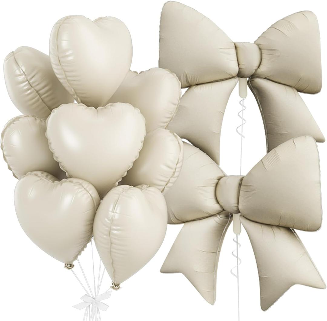 Cream Heart Balloons, Cream Bow Balloons, 10Pcs 18 Inch Heart Shaped Balloon and 38 Inch Helium Bow Balloon for Girls Boys Birthday Baby Shower Wedding Valentine's Day Proposal Party Decor