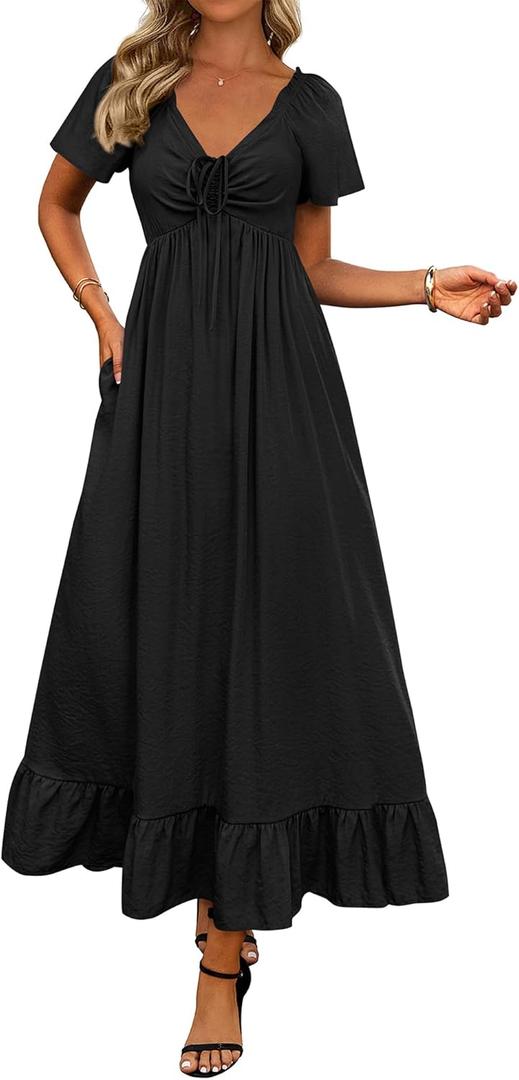 BTFBM Womens Summer Dresses 2026 Casual Short Sleeve V Neck Drawstring Wedding Guest Maxi Dresses Boho Beach Long Dress, Black, Large