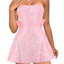 JOLISSLAN Womens Elegant Off-Shoulder Mini Dress Satin Tube Dresses Prom Dress for Wedding Cocktail Evening Formal Gown, Back Bowknot Tie Floral Pink, Size: S