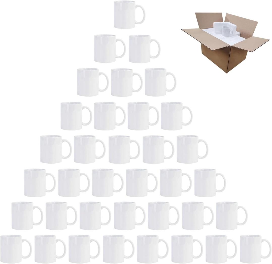 36 Pcs Sublimation Mugs 11oz, White Ceramic Coffee Mug | with Handle and Foam Box, Ideal for Crafts and Printing, Dishwasher Microwave Safe