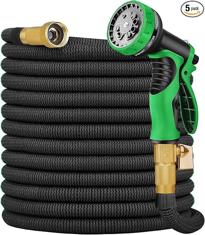 Expandable Garden Hose 50 ft with 10 Function Nozzle Sprayer, Lightweight & No-Kink Flexible Water Hose with Durable Collapsible Latex Core & Solid Brass Fittings, 50ft Retractable Stretch Hose, Black