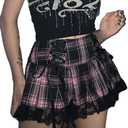 Sexy Women Lace Patchwork Mini Pleated Skirts High Waist Goth Y2k Skirt Punk Dark Academia Aesthetic E Girl Clothing (Small, Plaid Pink)