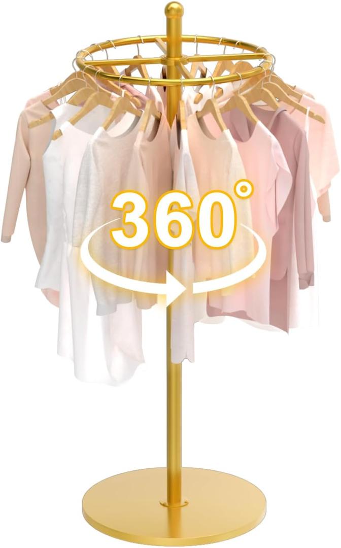 Round Garment Rack, Floor Standing Rotatable Clothing Rack, Portable Retail Display stand for Hanging Clothes Bedrooms Boutiques Commercial Shop Laundry Room (155X55CM, Gold)