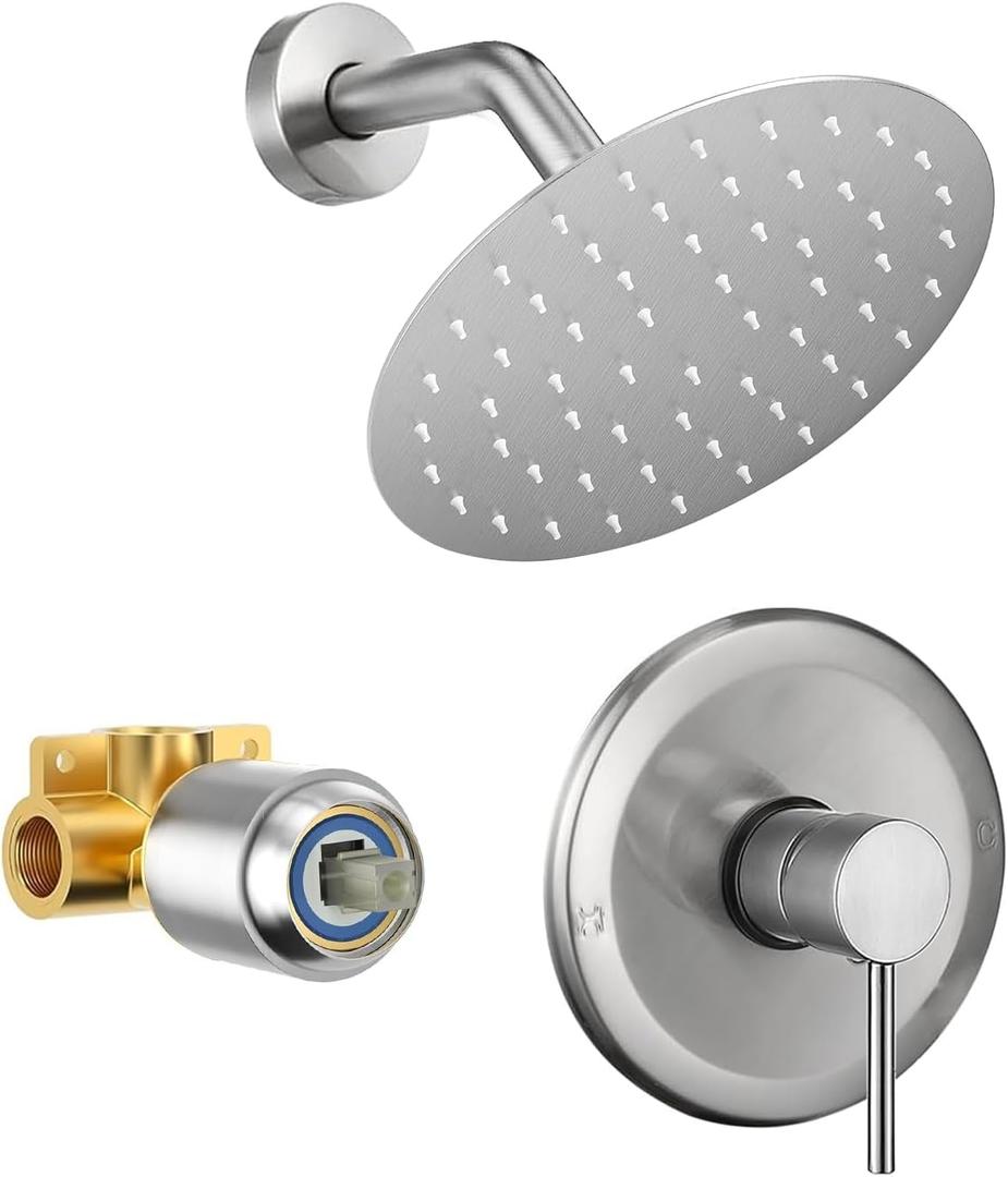 HUCKLE Shower Faucet Set with Valve,8-Inch High Pressure Rainfall Brushed Nickel Shower Head, SUS304 Stainless Steel Single Handle Bathroom Trim Kit, Anti-Rust Bathroom Fixtures System
