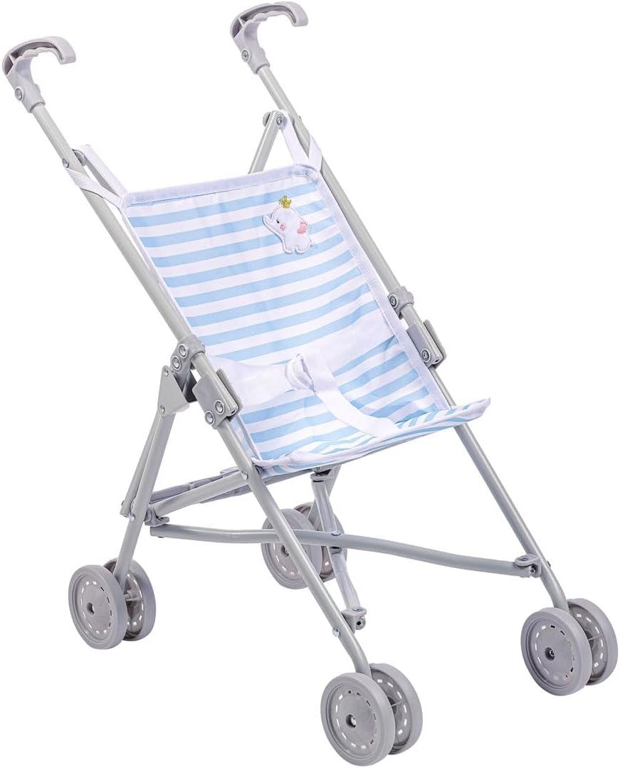 JC Toys Boutique | Folding Umbrella Doll Stroller for Children 2 Years Plus, Blue Stripes and Soft Embroidery | Sturdy Metal Frame | Pretend Play with Dolls up to 18 Long | Seat Belt