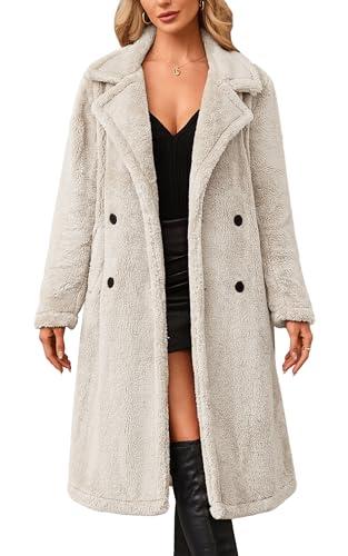 Angashion Women's Fuzzy Fleece Lapel Open Front Long Cardigan Coat Faux Fur Warm Winter Outwear Jackets, Light Beige, Size Large