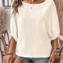 SOLY HUX Women's Summer Blouse Textured Bishop Half Sleeve Crewneck Dressy Casual Tops (Beige, L)