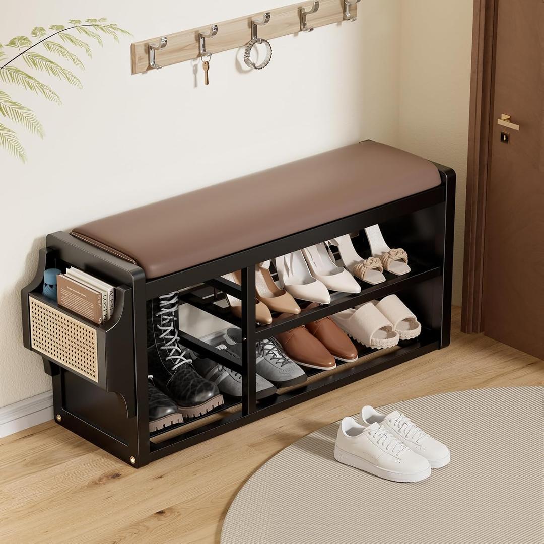 Solid Wood Shoe Bench with Leather Cushion, Shoe Storage Organizer with Side Holder, Shoe Rack Bench for Entryway, Hallway, Living Room, Mudroom, Holds Up to 600lb (Black, 39.4"W*12.6"D*18.9"H)