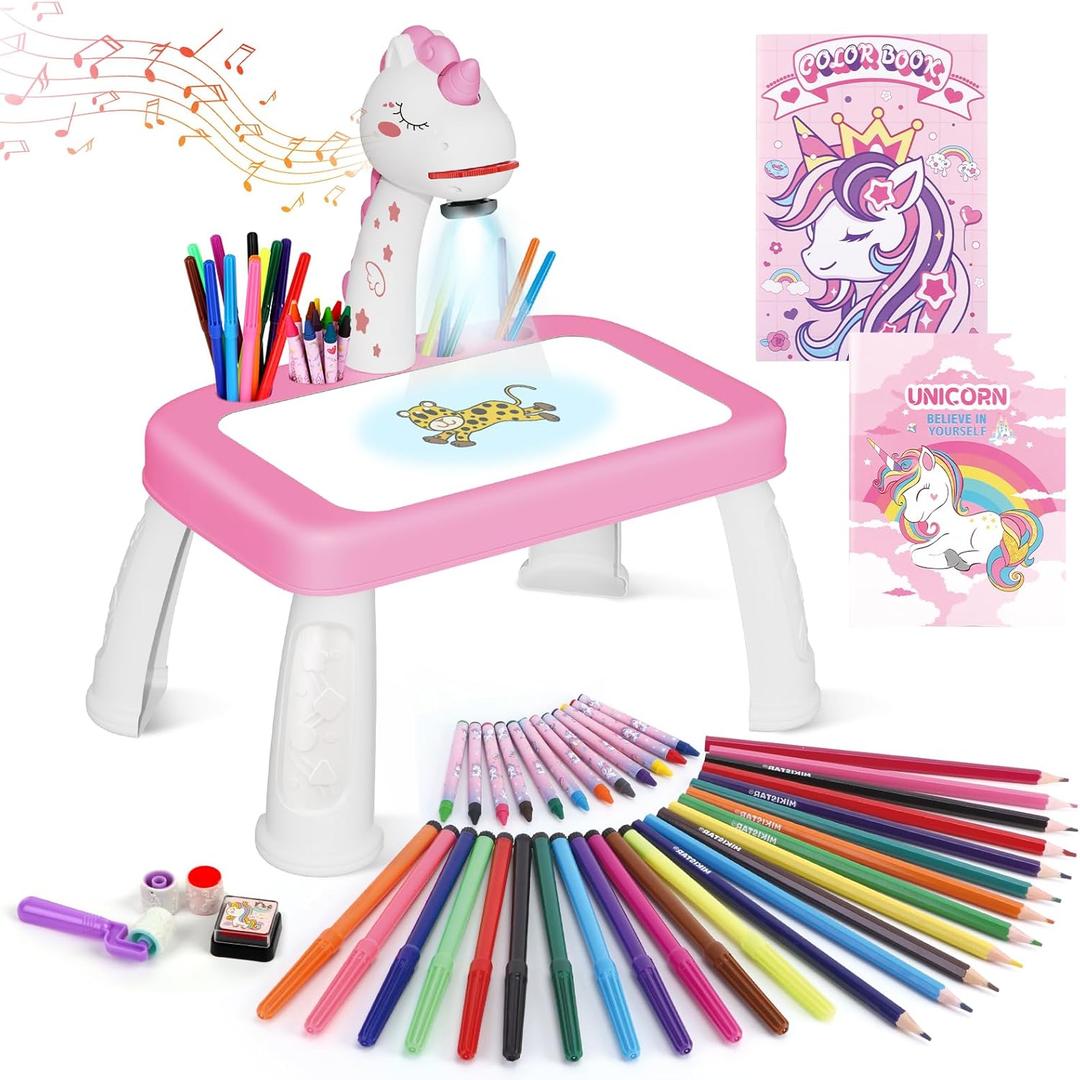 Drawing Projector for Kids Drawing Kits for Kids Ages 6-8 with Music Pencils Crayons Scrapbook Sticker Book Unicorn Stickers Perfect Toys for 4+ Year Old Girls