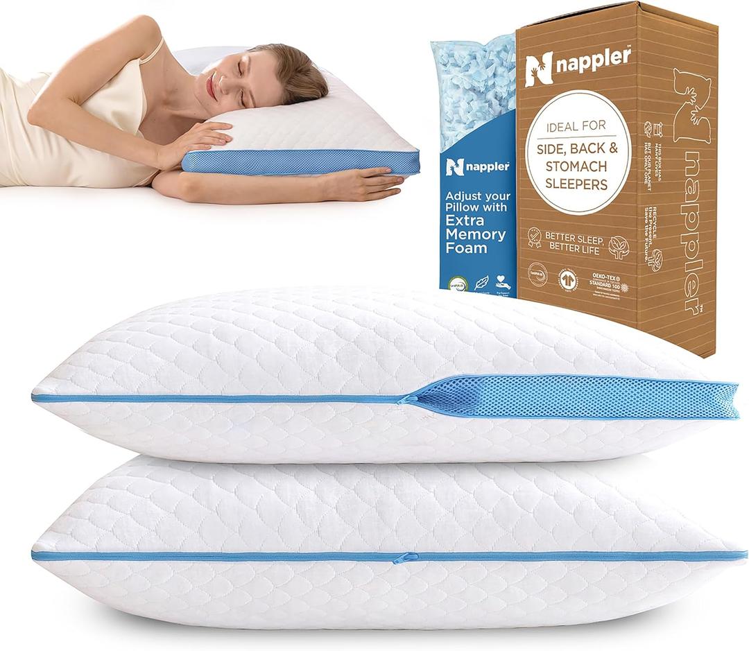Nappler Side and Back Sleeper Pillow for Neck and Shoulder Pain Relief-Shredded Memory Foam Bed Pillow for Sleeping - 100% Adjustable Fill - Standard Size Set of 2 Washable Case. Extra Fill Included
