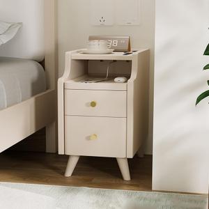 12" Solid Wood Nightstand with 2 Drawers, Bedside Table with Open Sliding Shelf, Mid Century Modern Night Stand, End Side Table for Bedroom, White