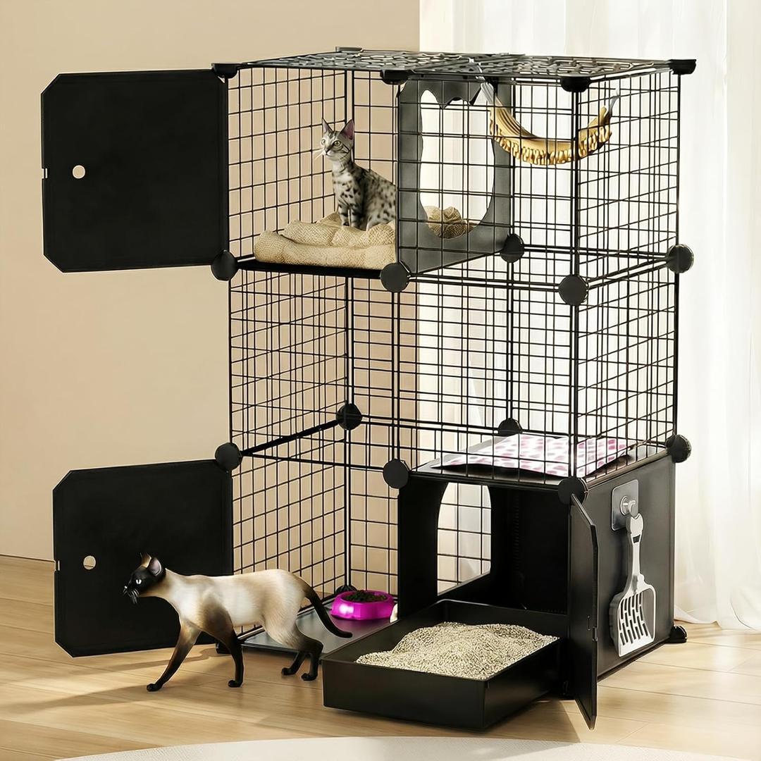 PAWING Cat Enclosure Indoor with Litter Box, 3-Tier Metal Wire Cat Cage, DIY Detachable Design for Cats, Kittens & Small Animals, Multi-Level Kennel