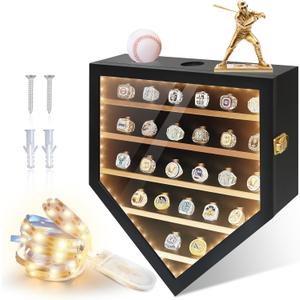 Championship Ring Display Case, 25 Ring Posts Sports Ring Holder, Baseball Ring Display Case Ring Holder for Collection Sports Champion Rings, Wall Mount Wooden Shadow Box for Display